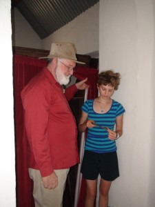 Franci with Graham. She is holding the huge key that still opens the back door of this Baptist Church.