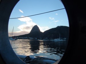 Safely anchored at last. You can see Sugarloaf Mountain through our porthole.
