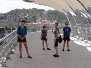 Us 'en route' to the Zoo. This is a bridge over the road that runs right past the biggest soccer stadium in Rio. (We could see it from there.)