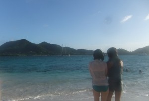 The (somewhat fuzzy, because of camera housing) view from Sandy Island of Shang Du. Sophia and Maria on the photo.