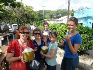 Us enjoying coconuts for the first time since Brazil