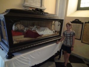 One of the Old Churches in Old San Juan has this lifesize "Doll" in a glass case. We were told it was a relic of a real saint, but only on closer inspection could we see the skeleton hidden inside. The part that is visible are the brown teeth as the mouth of the cast is slightly open.